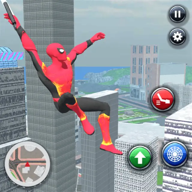 Spider Superhero gameplay showing a red-suited hero swinging above a city