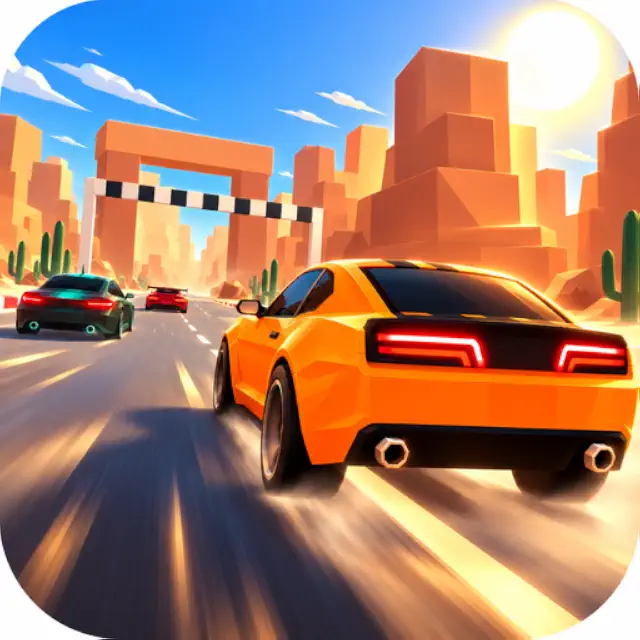 Super Turbo Race 3D artwork with an orange sports car racing through a sunlit city